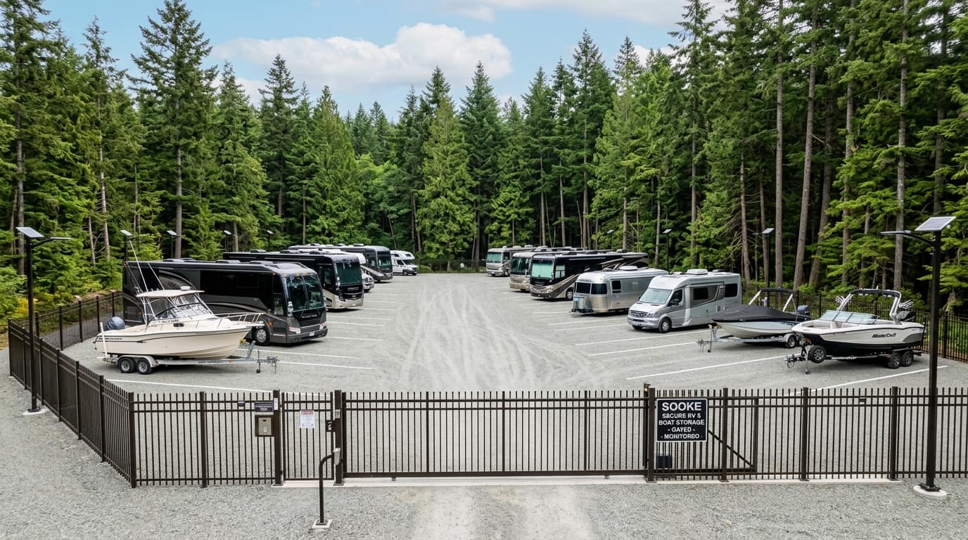The fenced storage yard in Sooke with RVs and boats parked in marked stalls
